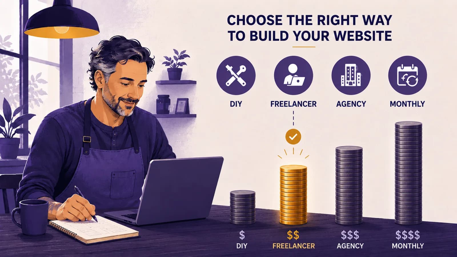 The four ways to build a small business website compared by cost: DIY builder, freelancer, agency, and monthly subscription