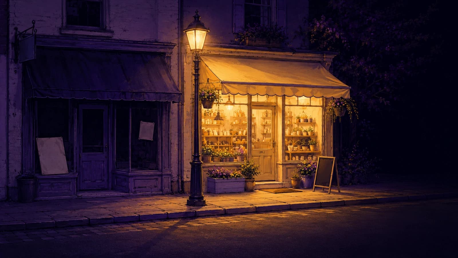 A shop with a hand-written sign next to a professionally lit one, both on the same street